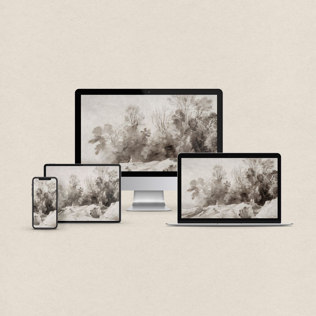 Muted brown forest desktop wallpaper featuring a soft woodland landscape with matching phone, iPad and MacBook wallpapers