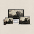 Forest lake desktop wallpaper featuring a moody woodland landscape with still water and matching device wallpapers