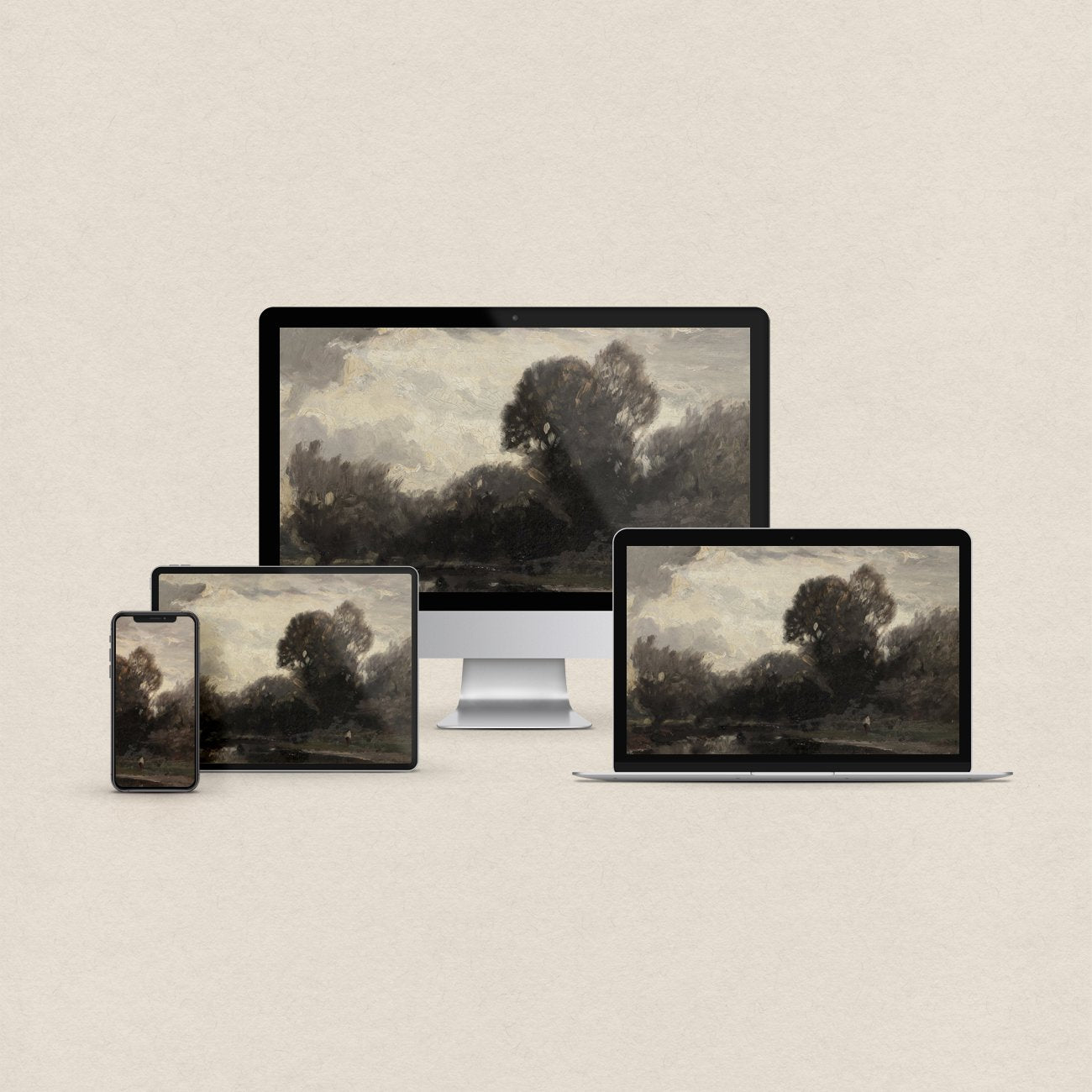 Forest lake desktop wallpaper featuring a moody woodland landscape with still water and matching device wallpapers