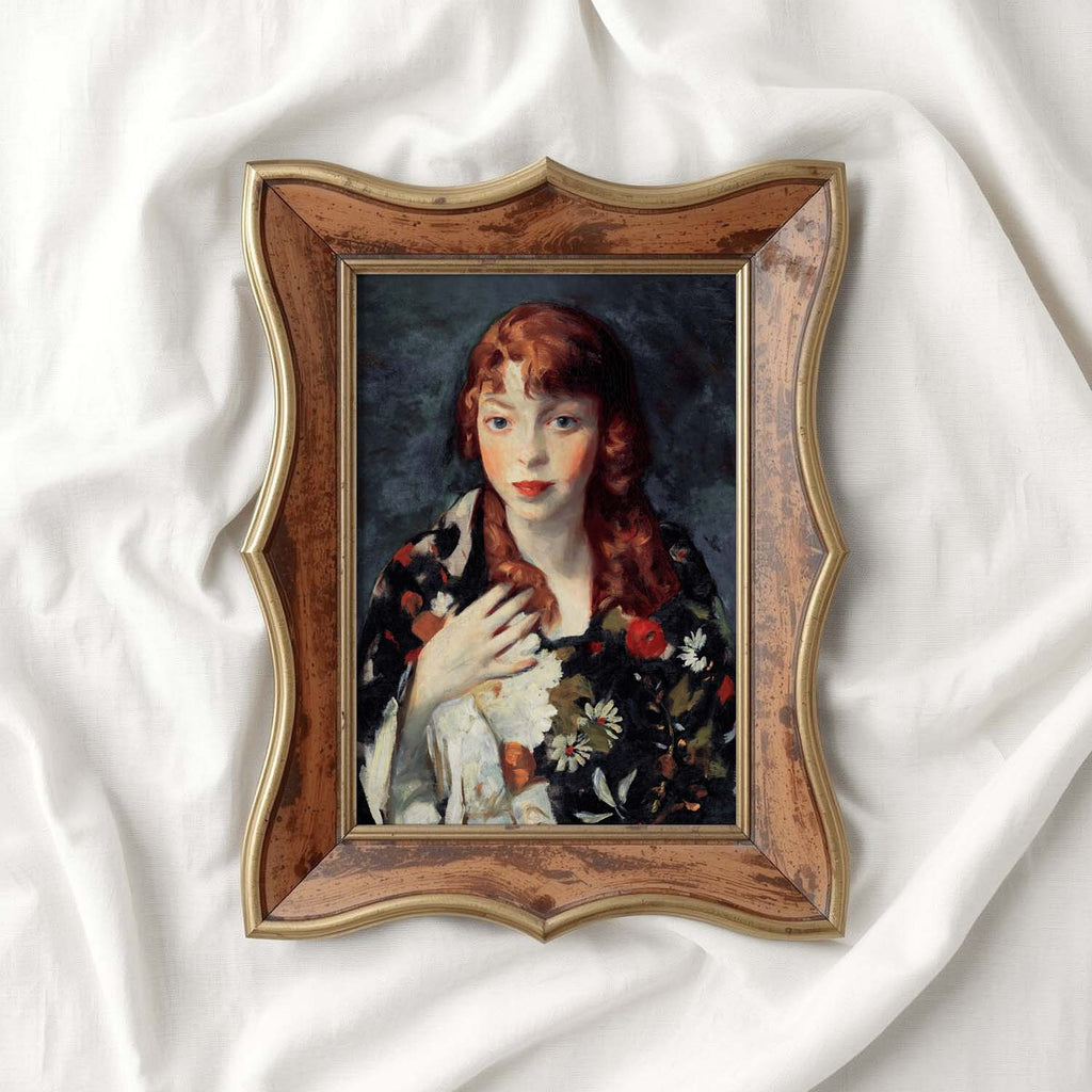 Navy Blue Parisian Portrait Wall Art Print – Romantic Red Hair Woman Oil Painting (Digital Download)