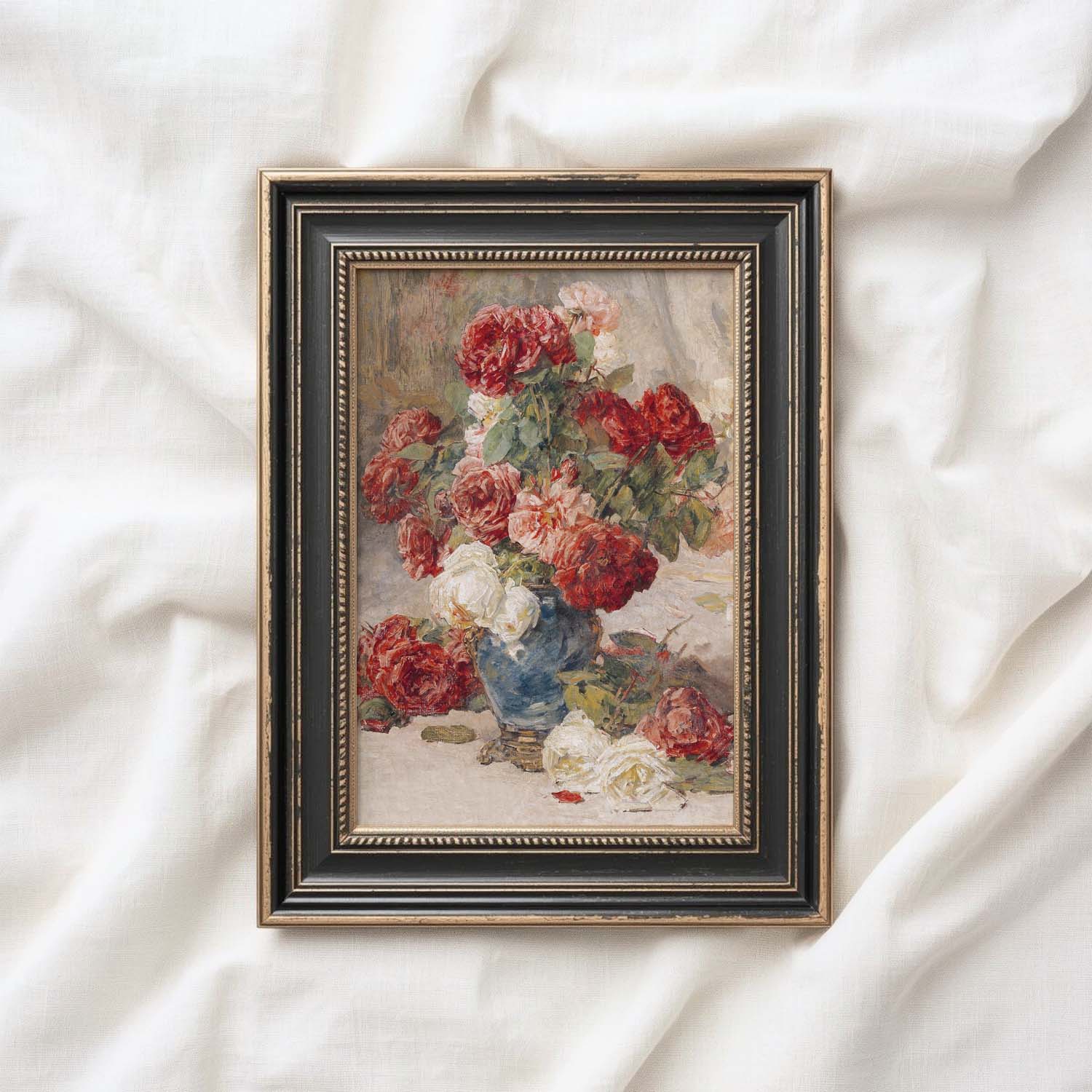French Floral Still Life Wall Art Printable (Digital Download) — Muted Roses in Château Vase