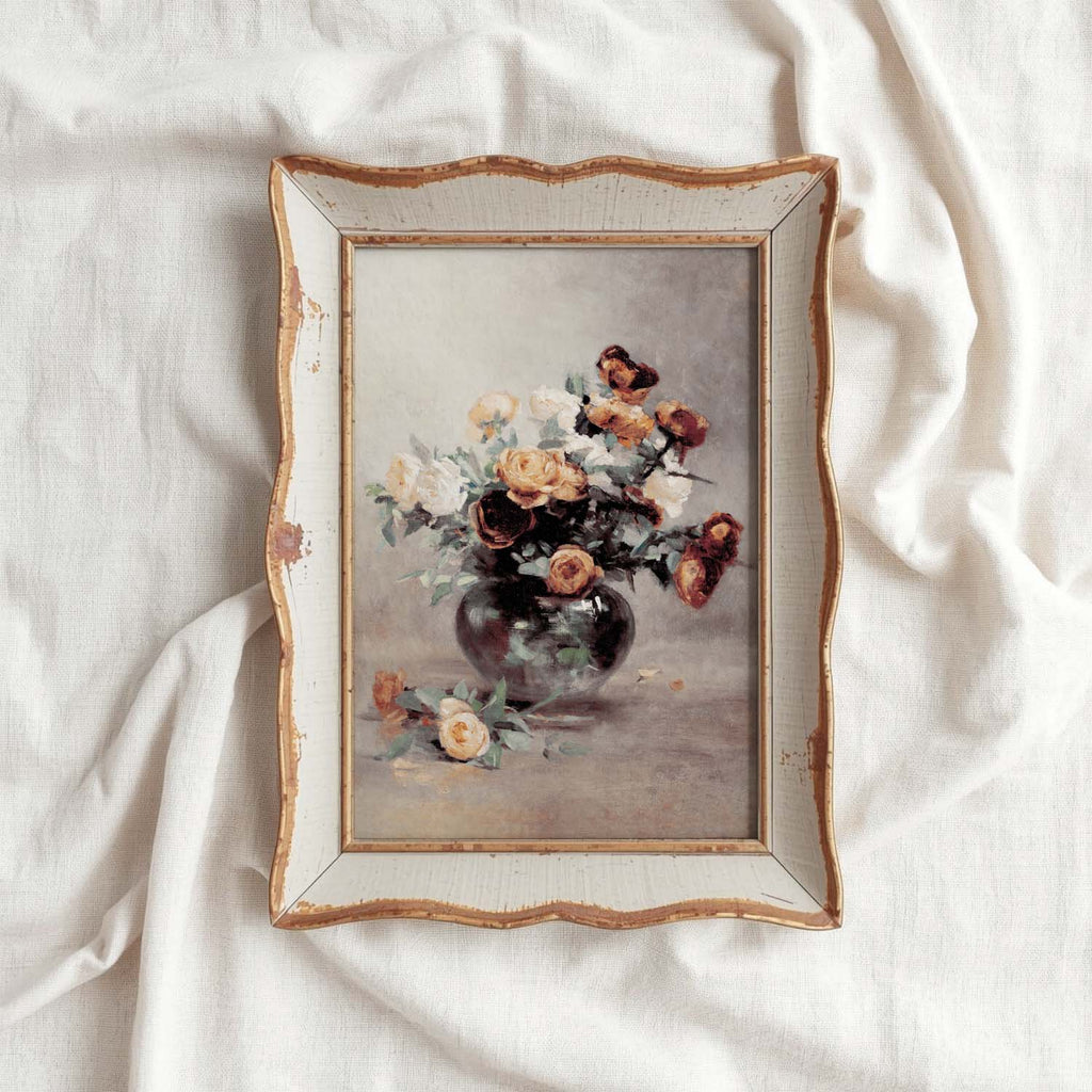 French Cottage Grey Rose Still Life Wall Art Printable (Digital Download) — Parisian Farmhouse Vertical Oil Painting