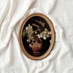 Gallery wall dark academia cotton painting featuring a vintage still life composition and dramatic black backdrop