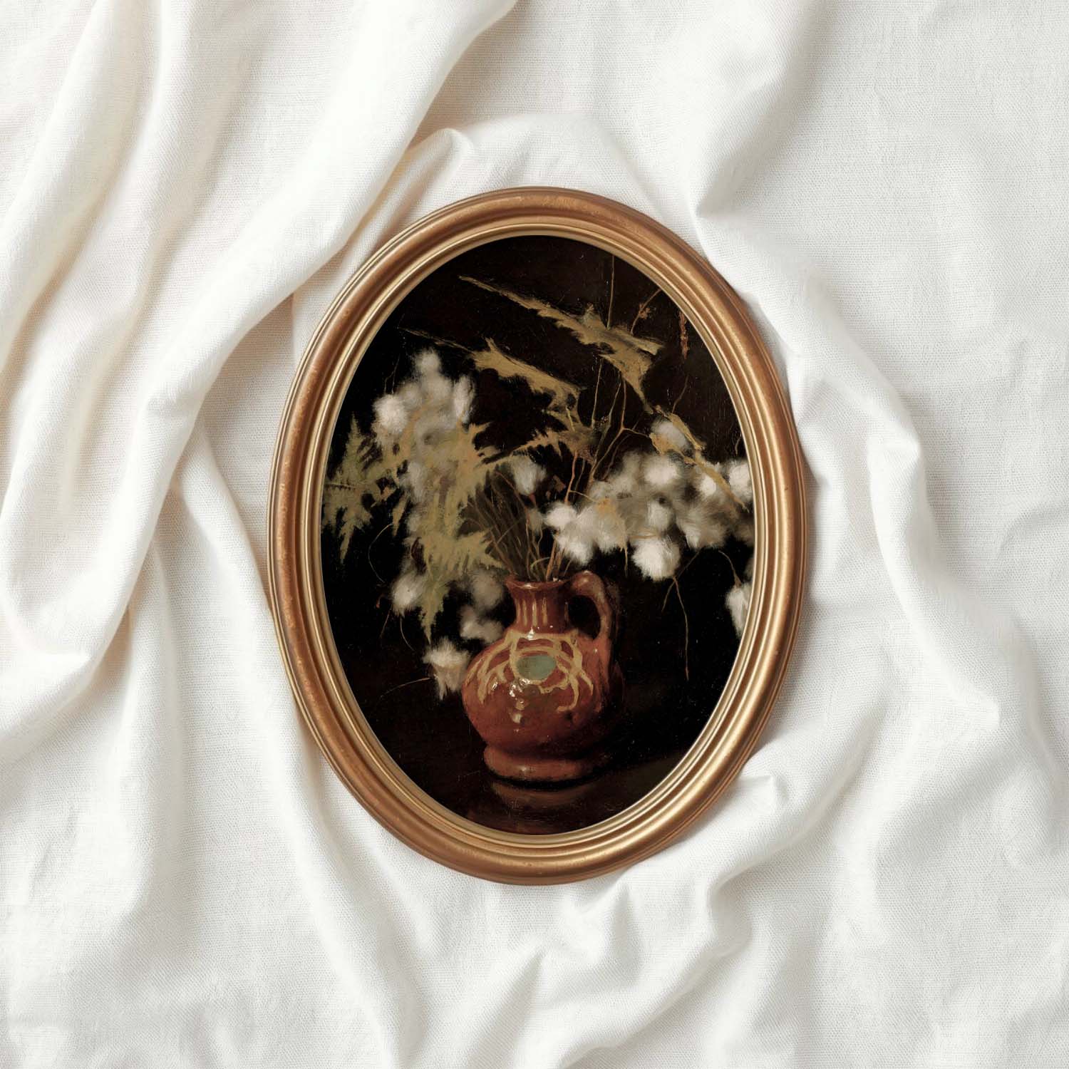 Gallery wall dark academia cotton painting featuring a vintage still life composition and dramatic black backdrop