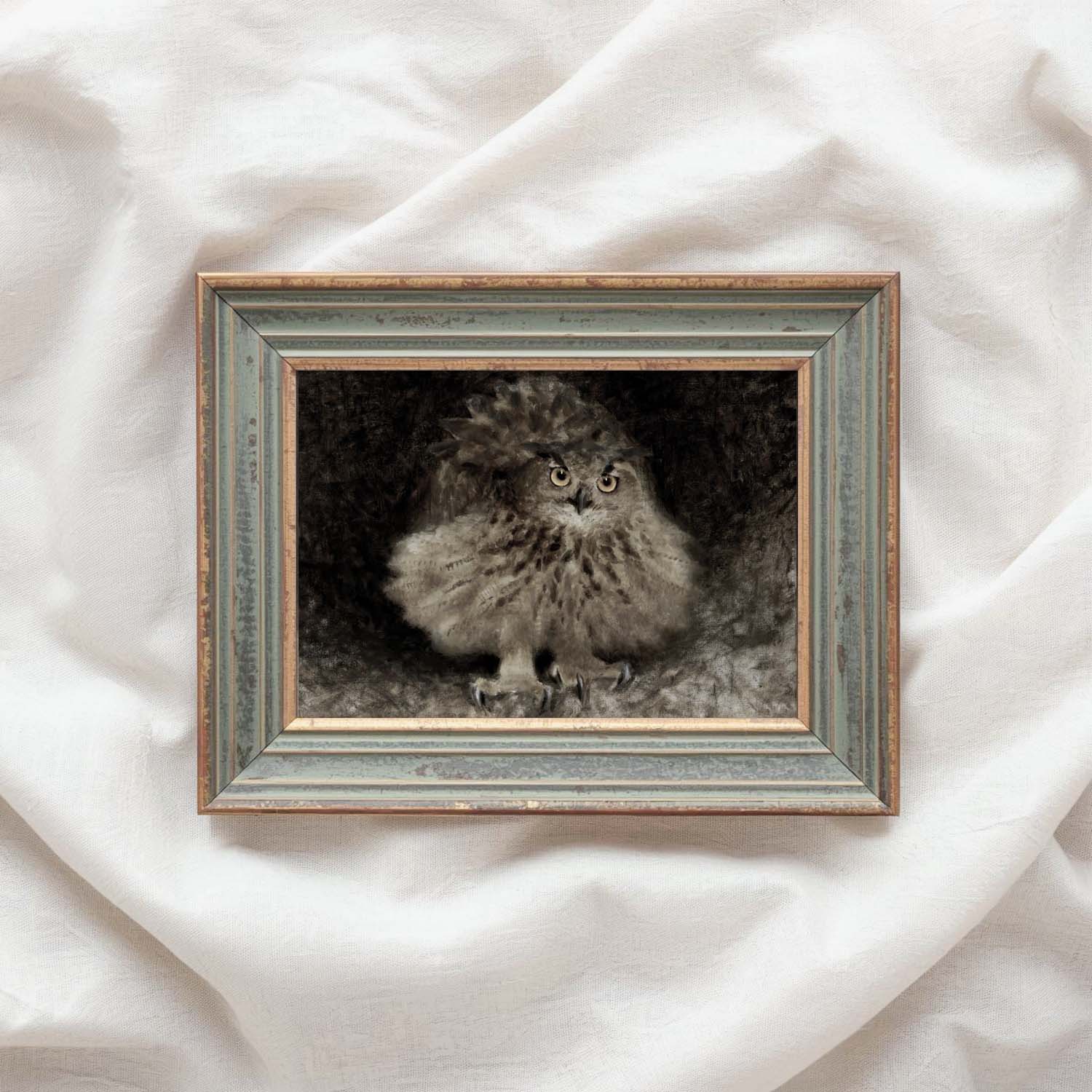 Vintage Owl Wall Art Printable – Dark Academia Bird Illustration Print