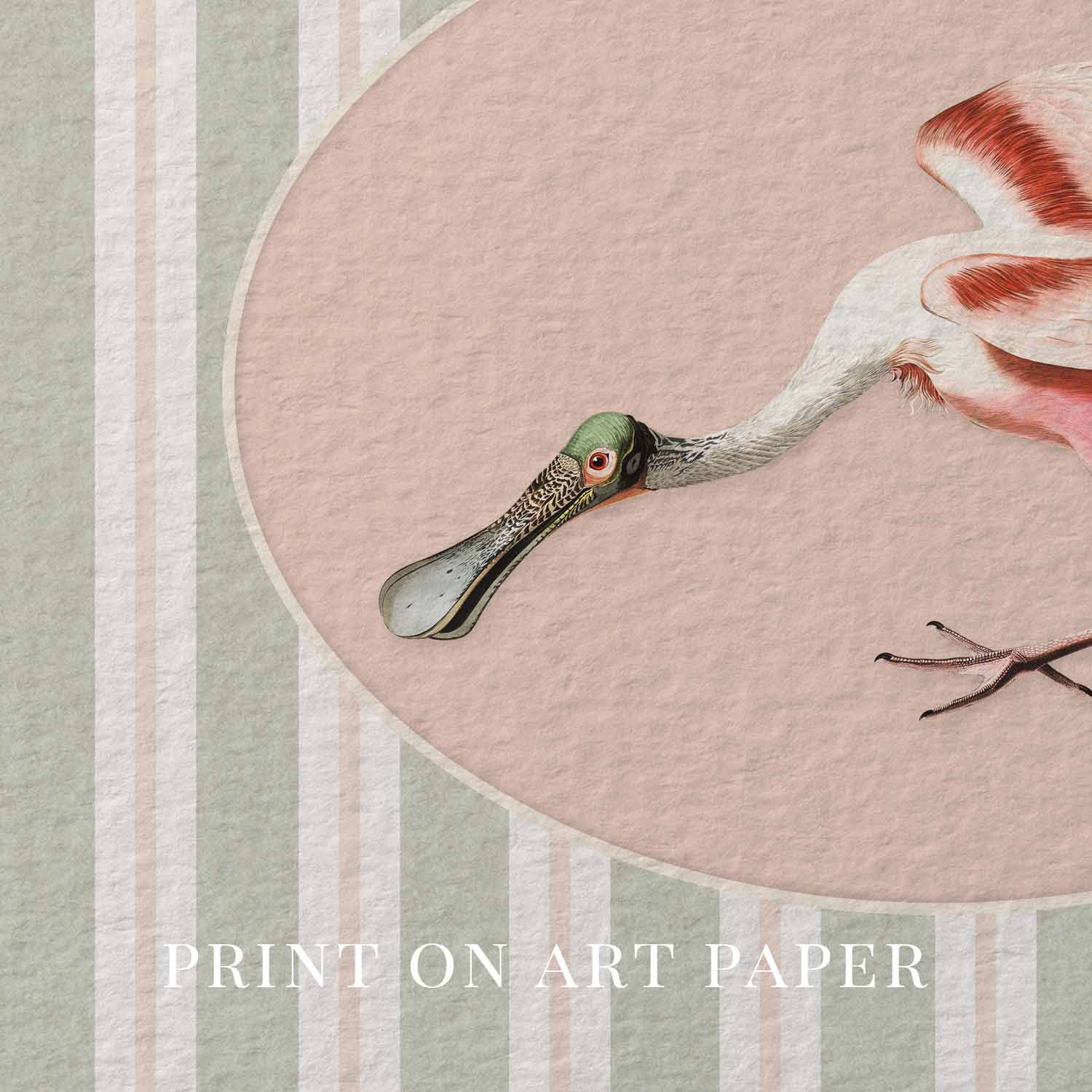 Spoonbill Nursery Wall Art Printable (Digital Download) — Sage Green Blush Striped Storybook Bird Decor