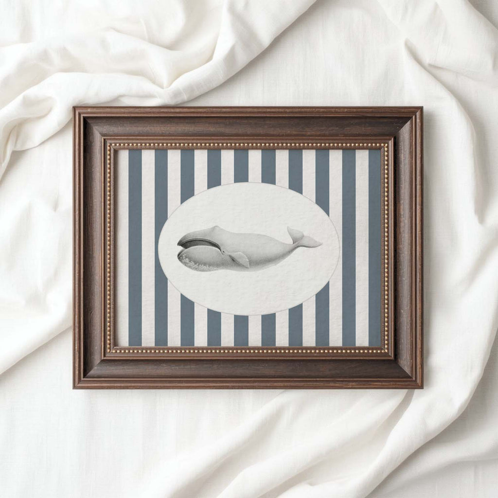 Whale Nursery Wall Art Printable (Digital Download) — Navy Striped Storybook Ocean Decor