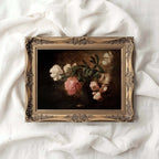 Gothic autumn rose still life printable wall art with dark vintage floral painting and moody botanical atmosphere.