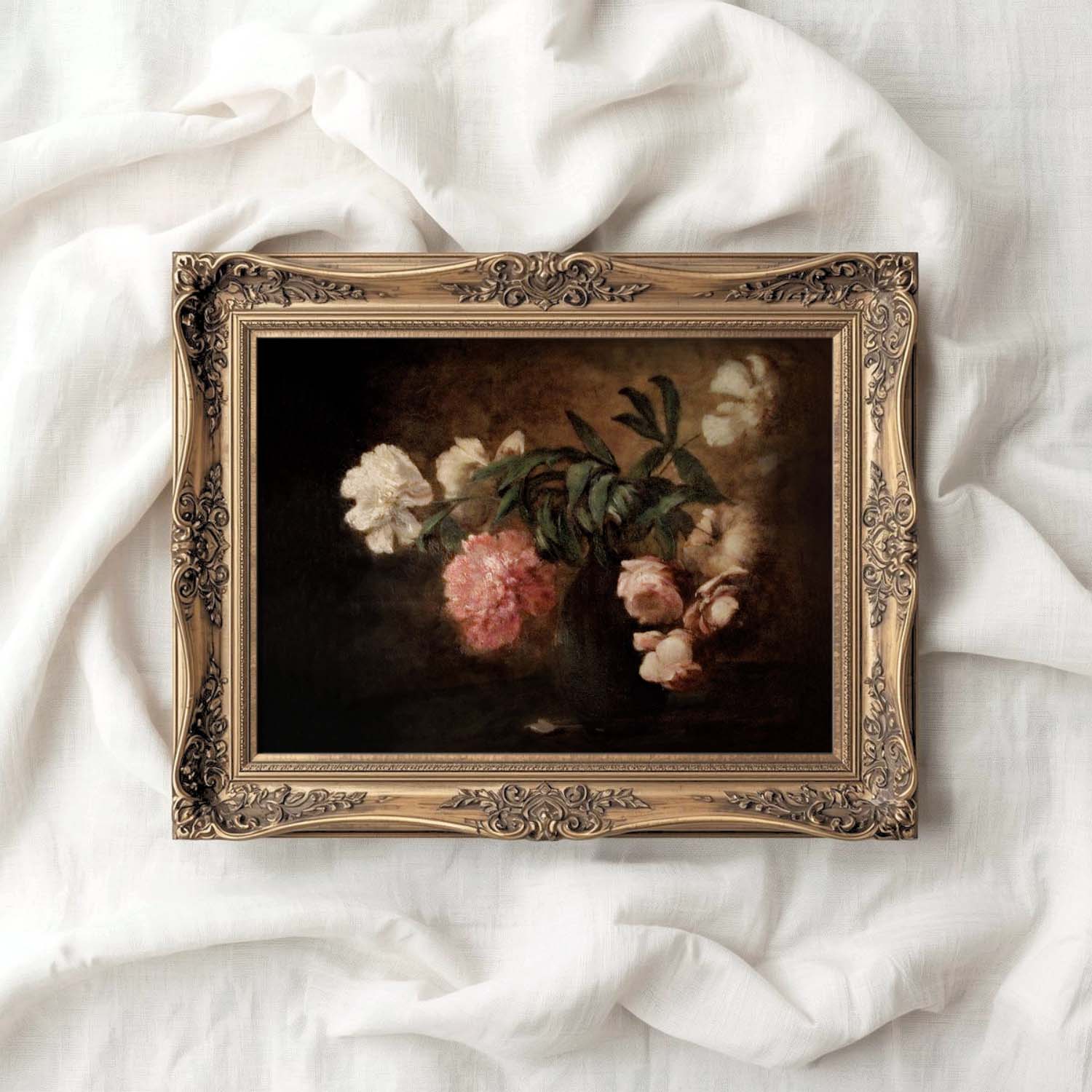 Gothic autumn rose still life printable wall art with dark vintage floral painting and moody botanical atmosphere.