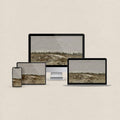 Gray desktop wallpaper featuring a warm textured landscape painting in soft neutral tones with matching device wallpapers.