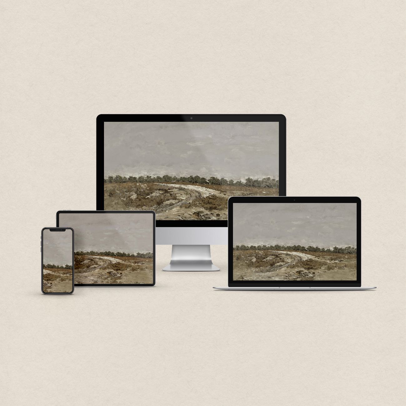 Gray desktop wallpaper featuring a warm textured landscape painting in soft neutral tones with matching device wallpapers.