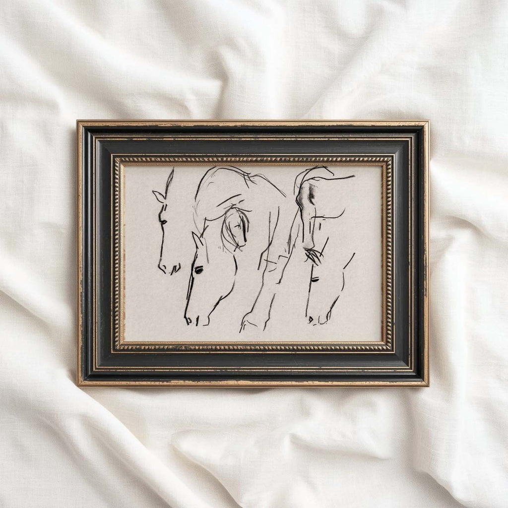 Minimal Horses Wall Art Printable | Charcoal Grazing Horse Sketch Print