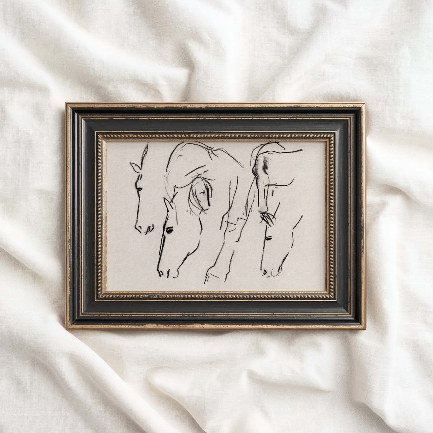 Minimal Horses Wall Art Printable | Charcoal Grazing Horse Sketch Print