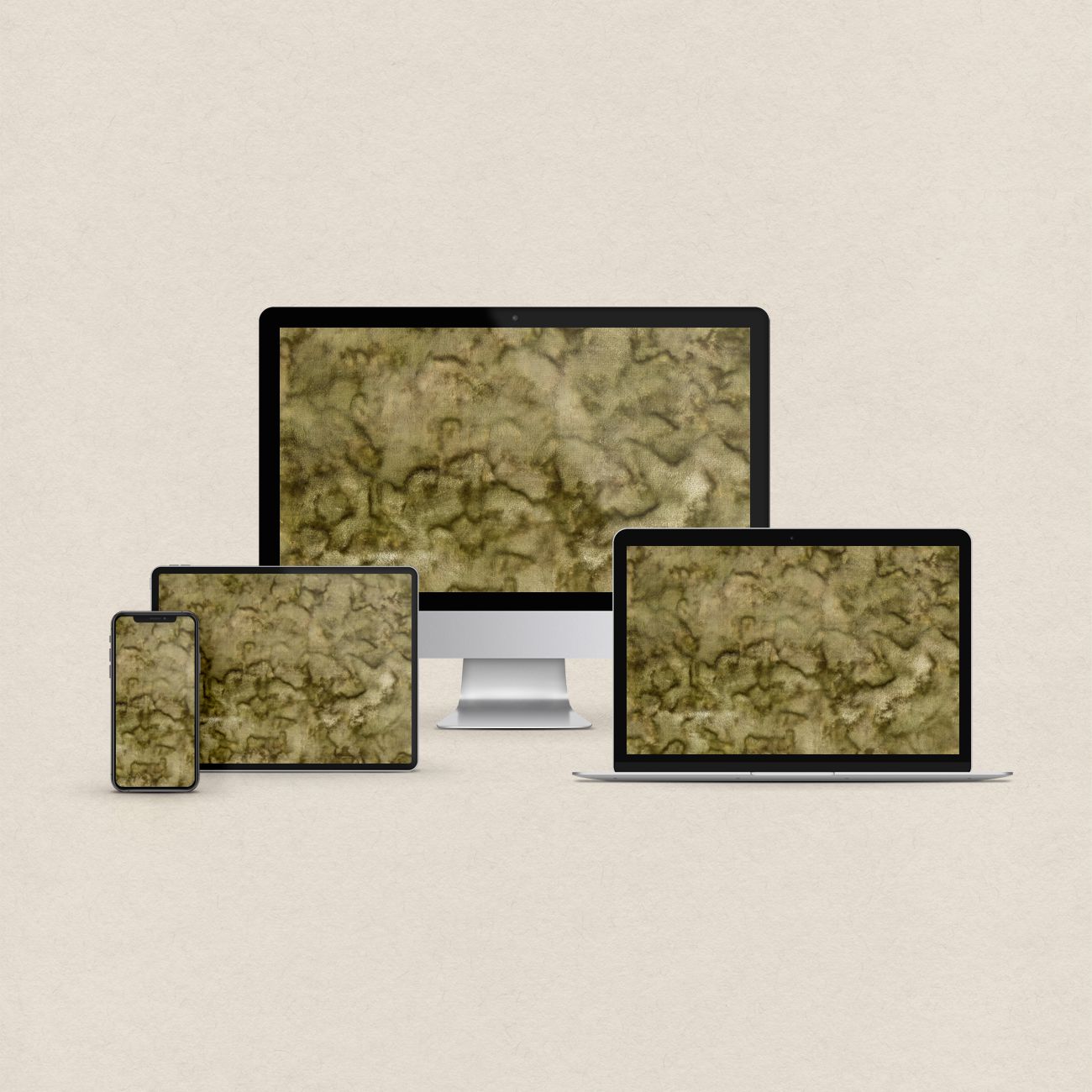 Green aesthetic desktop wallpaper featuring a vintage moss green abstract artwork with matching phone, iPad and MacBook wallpapers