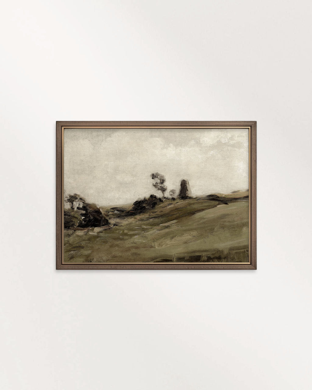 Muted green landscape artwork styled as earthy bedroom wall art