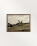 Muted green landscape artwork styled as earthy bedroom wall art