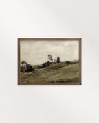Muted green landscape artwork styled as earthy bedroom wall art