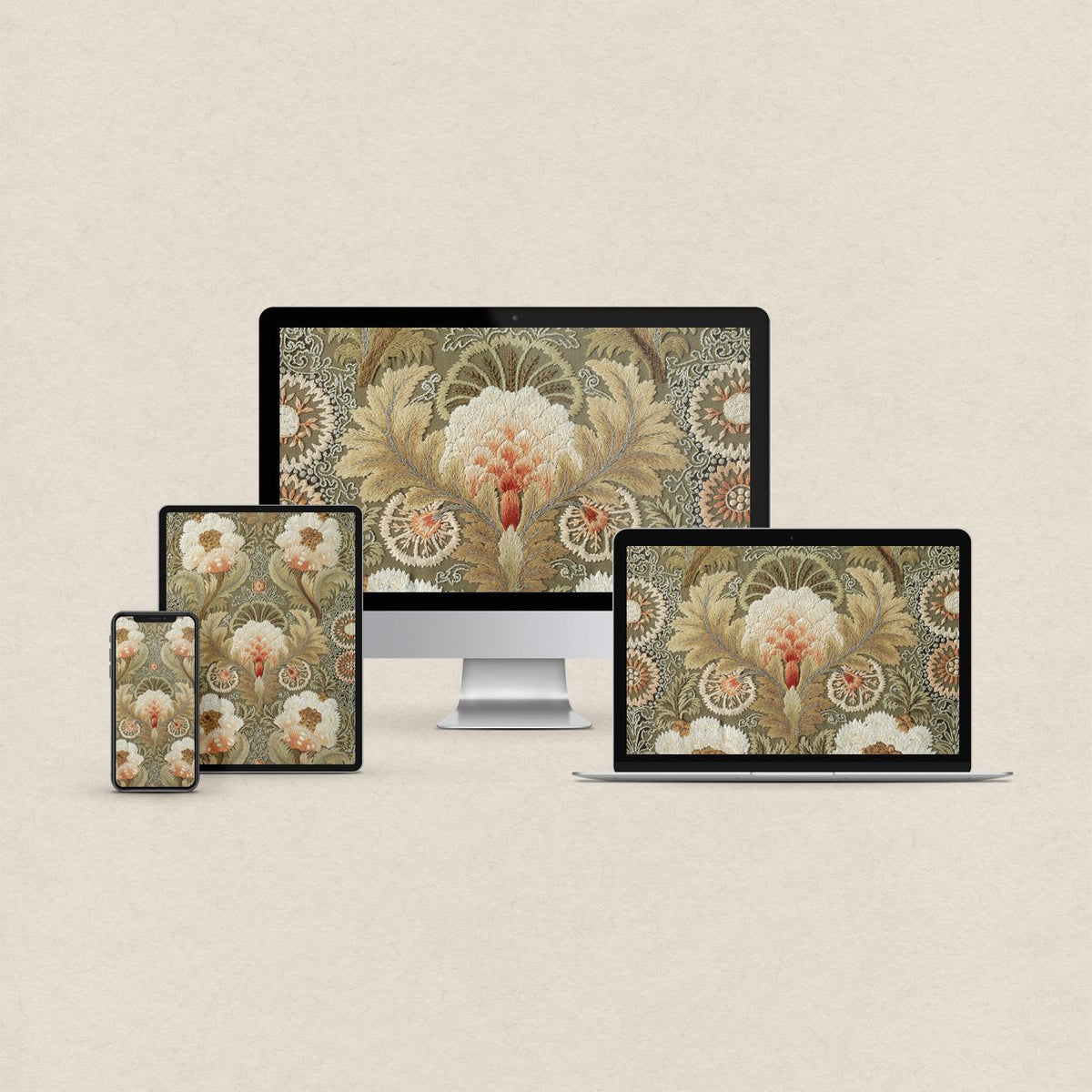Green cottagecore desktop wallpaper with vintage botanical floral artwork and matching phone, iPad and MacBook wallpapers