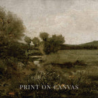 Close-up of vintage green country landscape artwork printed on textured canvas