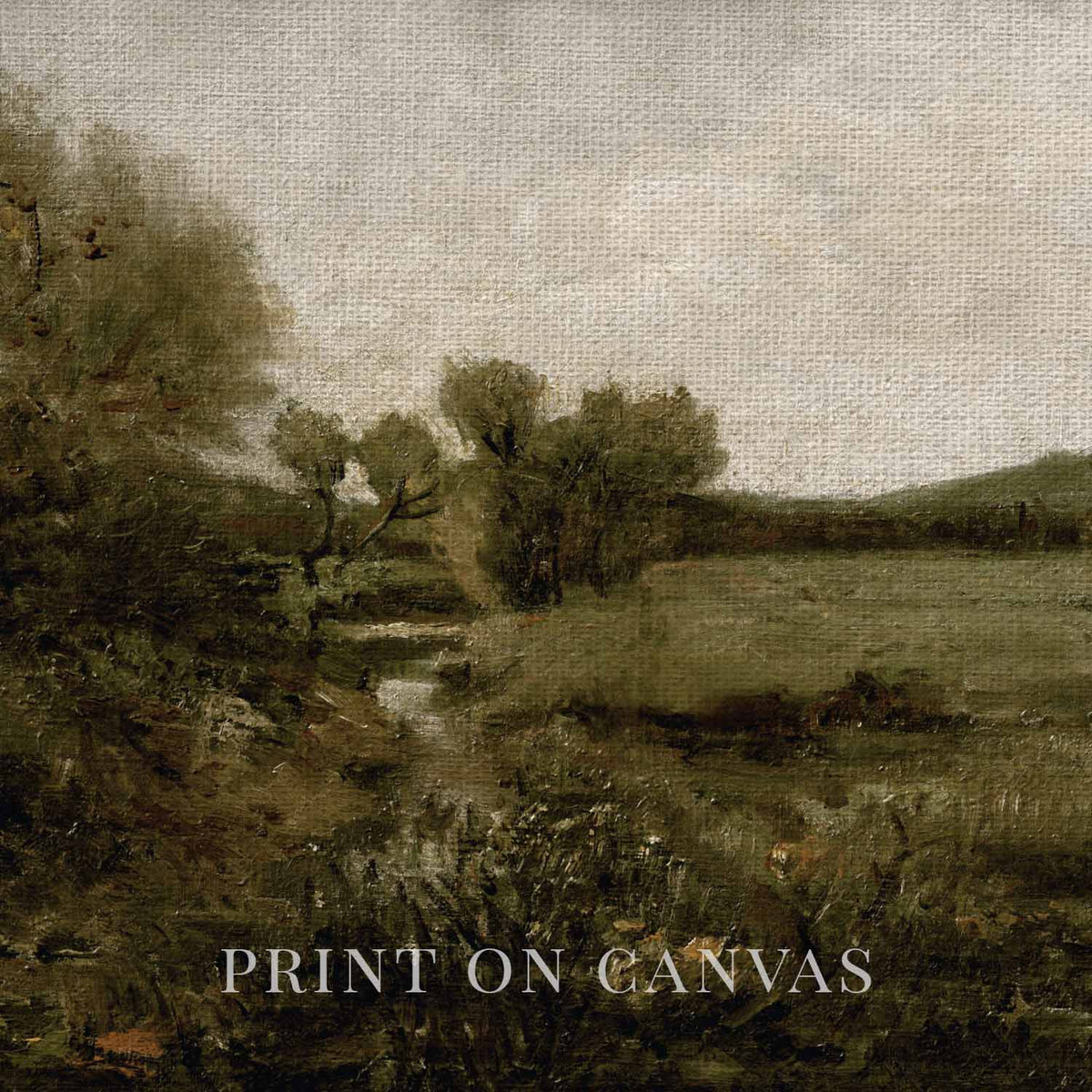 Close-up of vintage green country landscape artwork printed on textured canvas