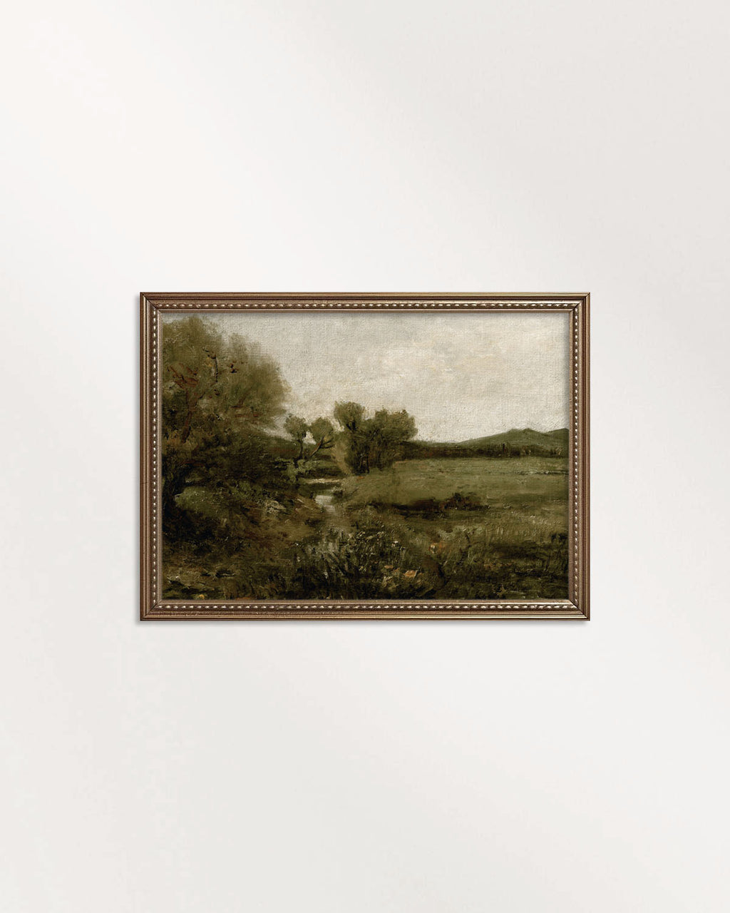 Green country landscape wall art printable featuring trees and open countryside in rich olive tones