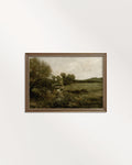 Green country landscape wall art printable featuring trees and open countryside in rich olive tones