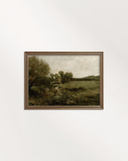 Green country landscape wall art printable featuring trees and open countryside in rich olive tones