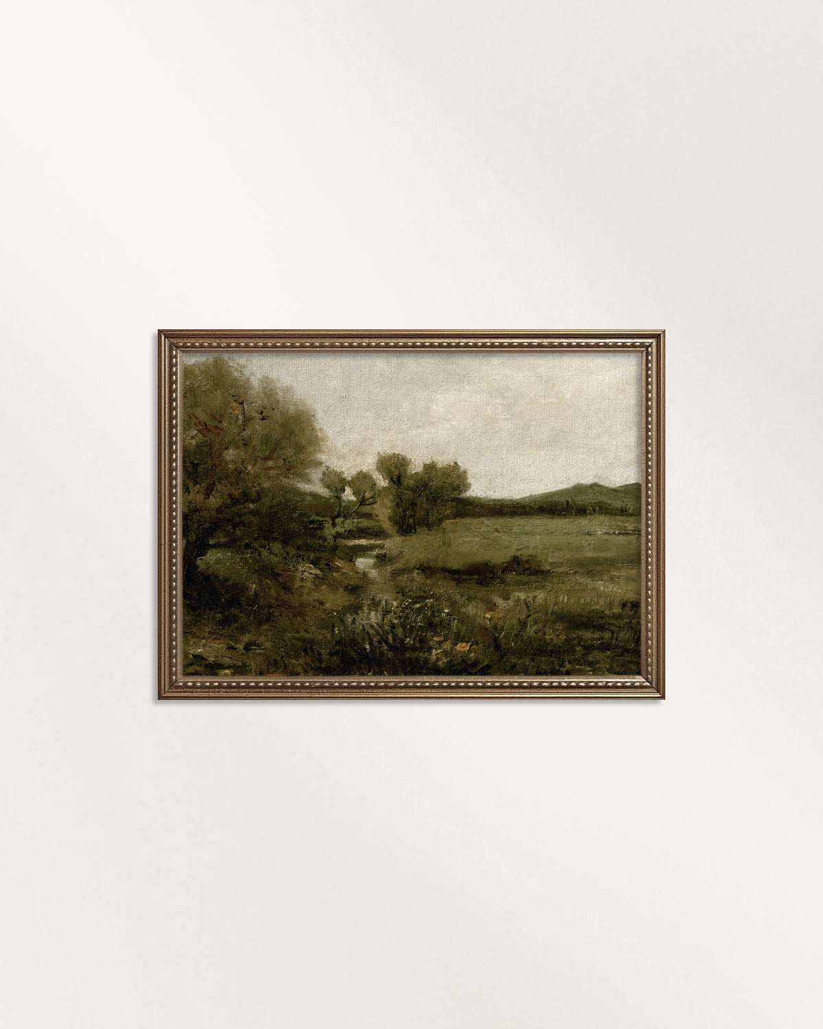 Green country landscape wall art printable featuring trees and open countryside in rich olive tones