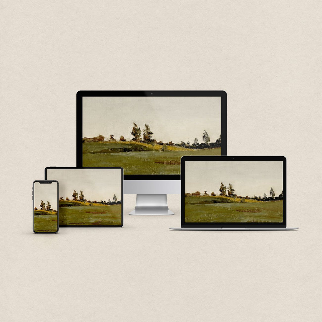 Green countryside desktop wallpaper featuring a rustic vintage landscape with rolling grass and matching phone, iPad and MacBook wallpapers