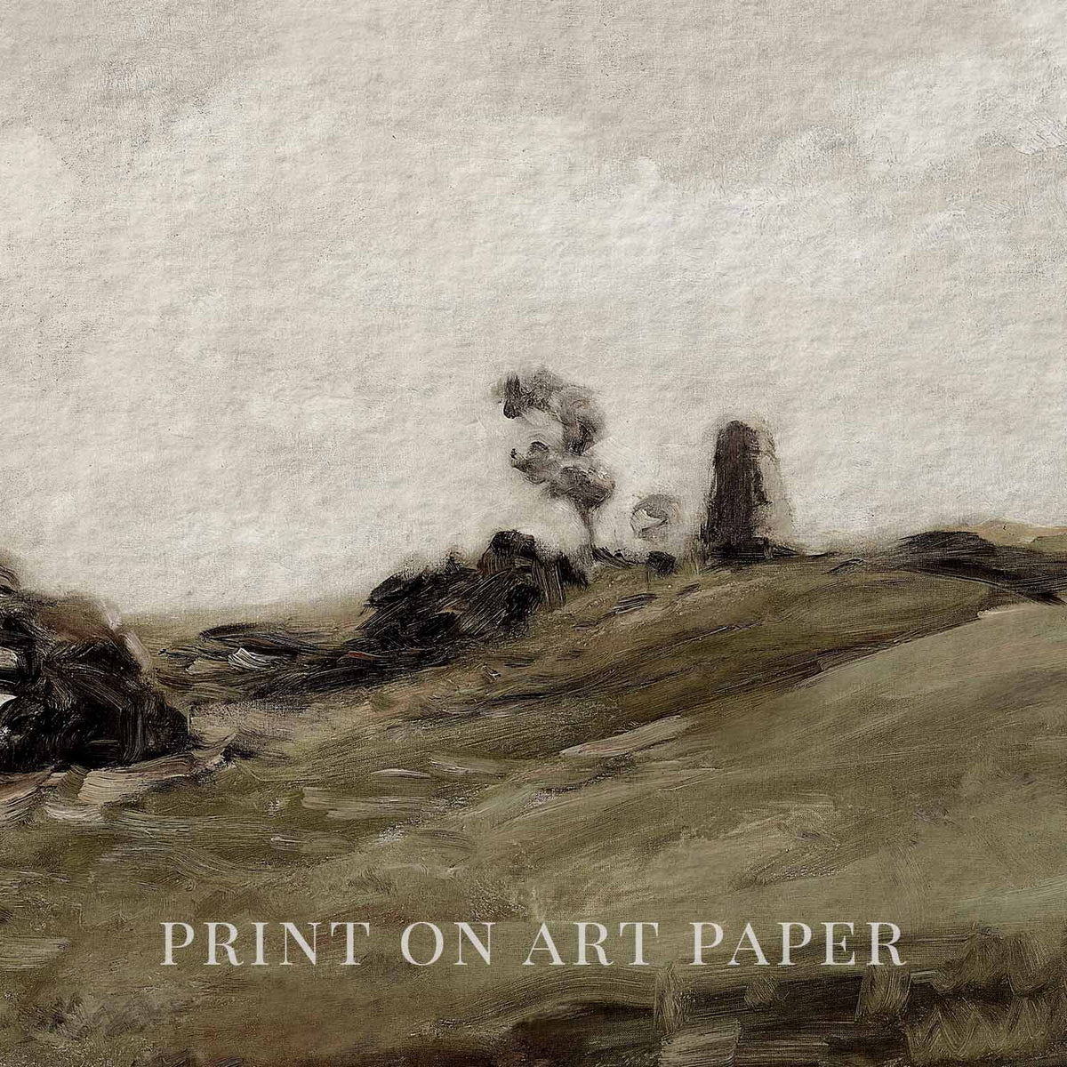 Close-up of muted green landscape artwork printed on fine art matte paper