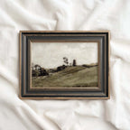Green landscape wall art featuring expressive brushwork and a muted vintage countryside scene