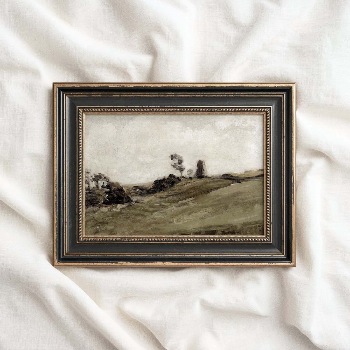 Green landscape wall art featuring expressive brushwork and a muted vintage countryside scene
