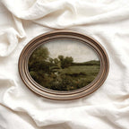 Green landscape wall art featuring a vintage countryside scene in earthy olive and neutral tones
