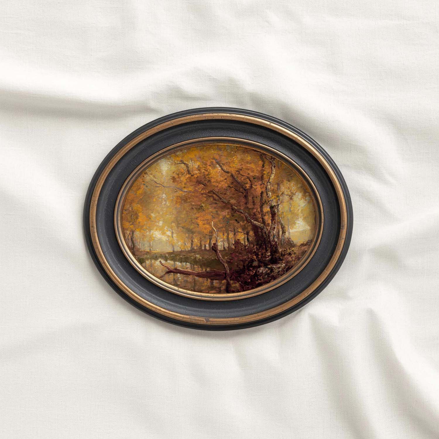 Heritage autumn woods pond printable wall decor inspired by vintage landscape oil paintings.