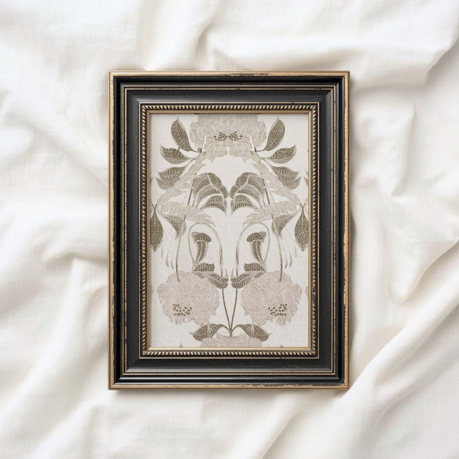 Victorian Floral Wall Art Printable – Antique Botanical Tapestry Print (Neutral Beige)