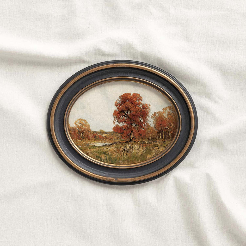 Heritage fall tree print classic landscape art featuring elegant vintage autumn scenery and soft earthy tones.