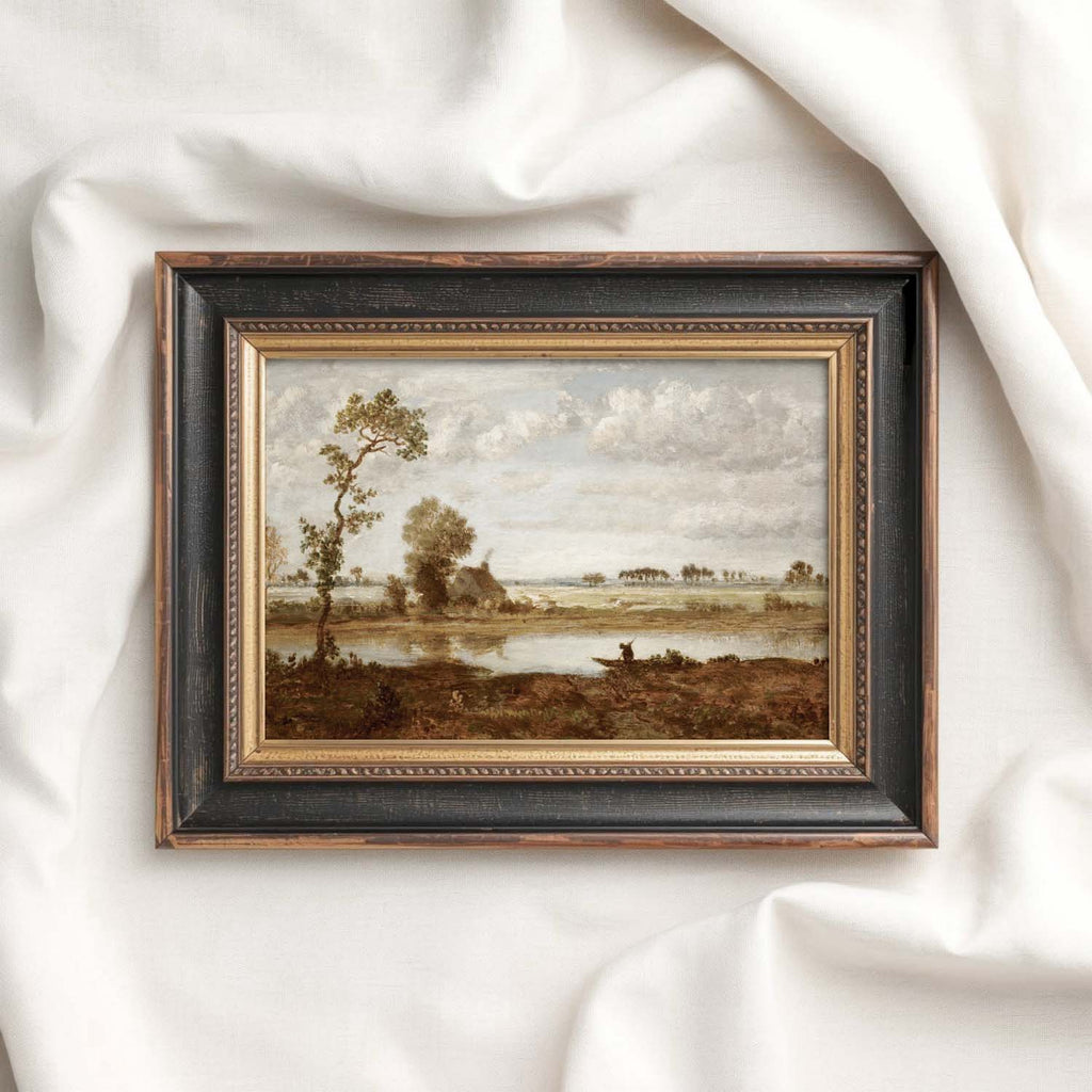 Heritage landscape artwork with a muted lake painting look in vintage sepia tones.