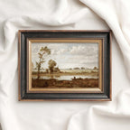 Heritage landscape artwork with a muted lake painting look in vintage sepia tones.