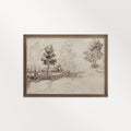 Antique Riverside Tree Etching Wall Art Printable – Vintage Landscape Sketch Print