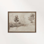 Antique Riverside Tree Etching Wall Art Printable – Vintage Landscape Sketch Print