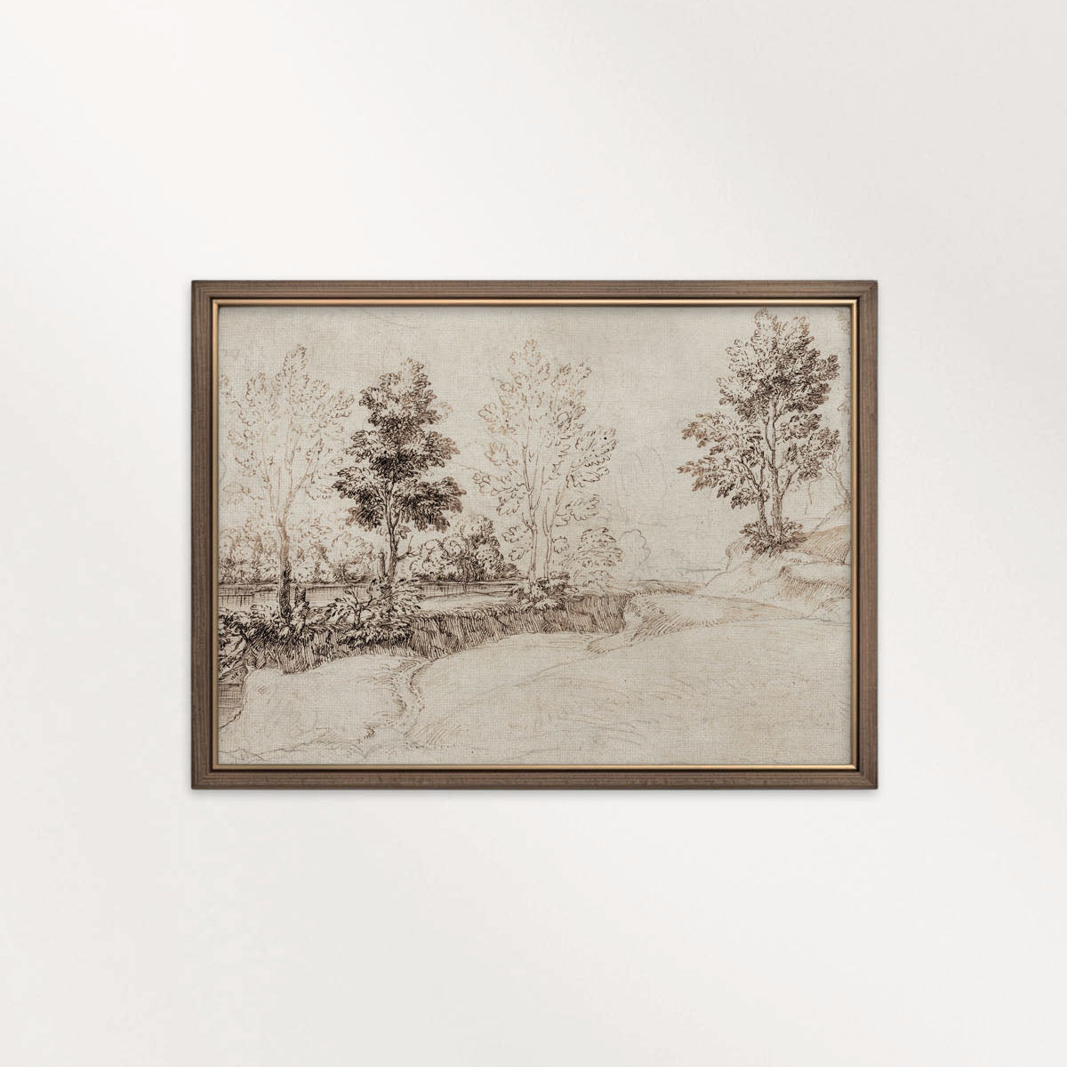 Antique Riverside Tree Etching Wall Art Printable – Vintage Landscape Sketch Print