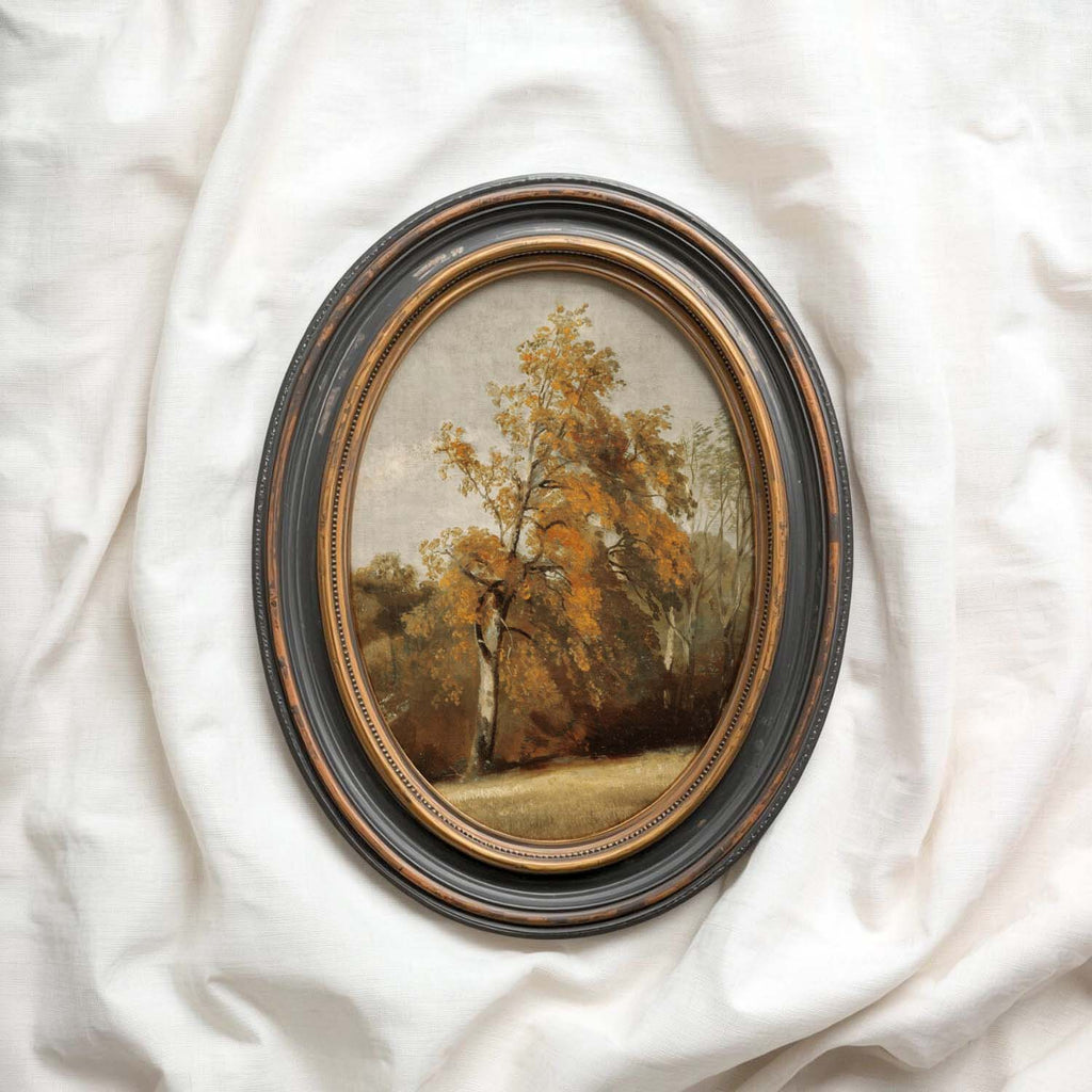 Heritage oak landscape printable vintage tree art featuring classic oil painting style.