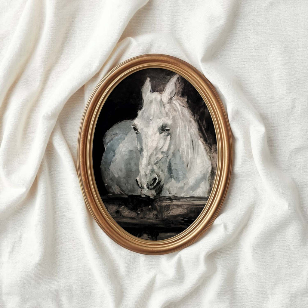 Vintage White Horse Stable Wall Art Printable (Dark Academia Equestrian)