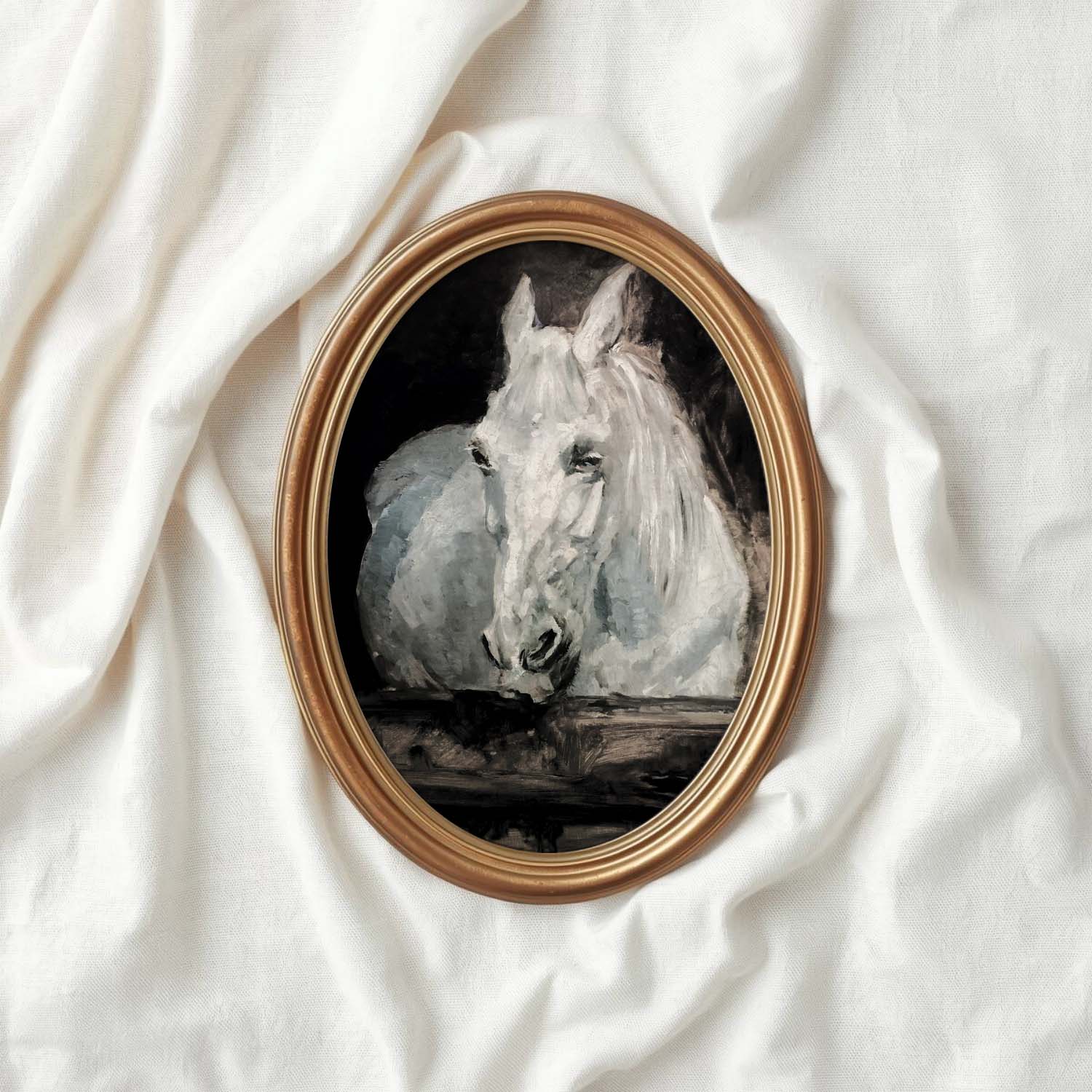 Vintage White Horse Stable Wall Art Printable (Dark Academia Equestrian)