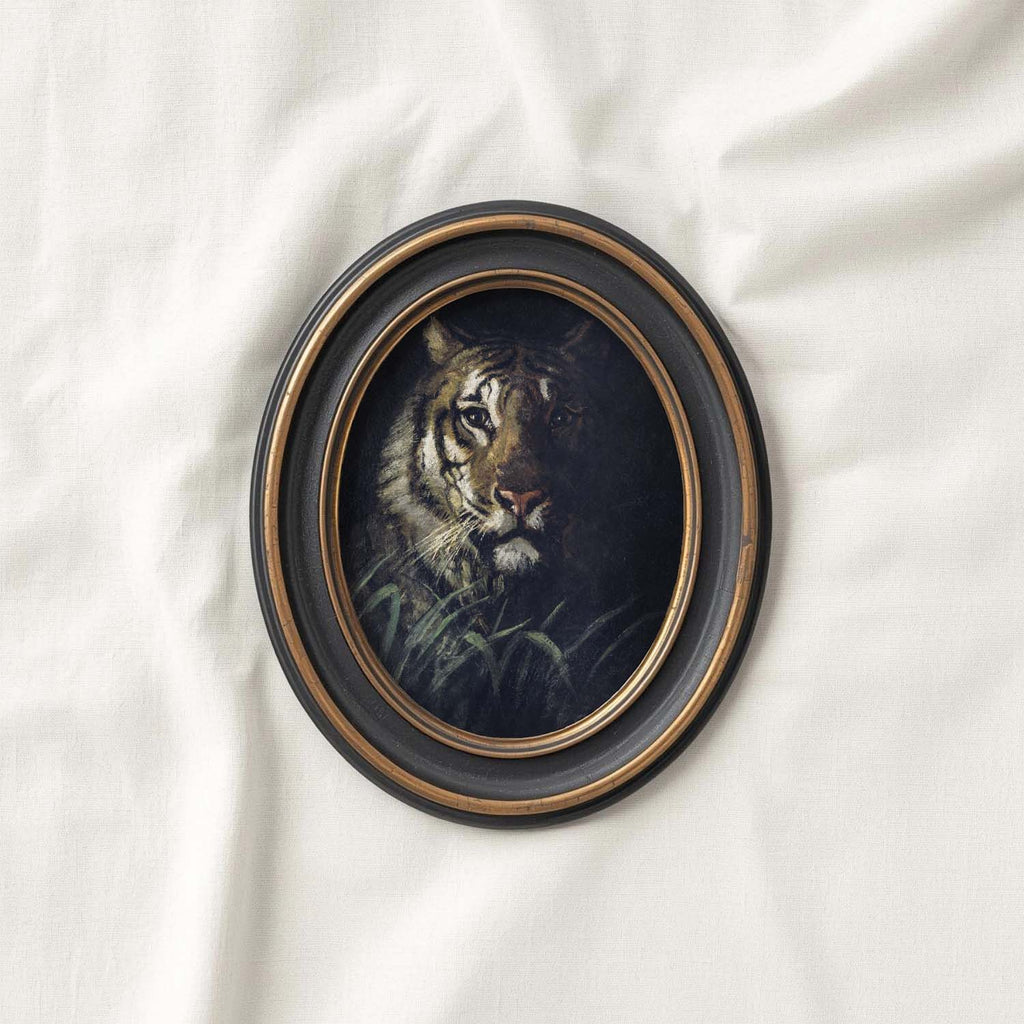 Heritage wildlife tiger jungle oil painting print with classic vintage rainforest scenery and fine art detail.