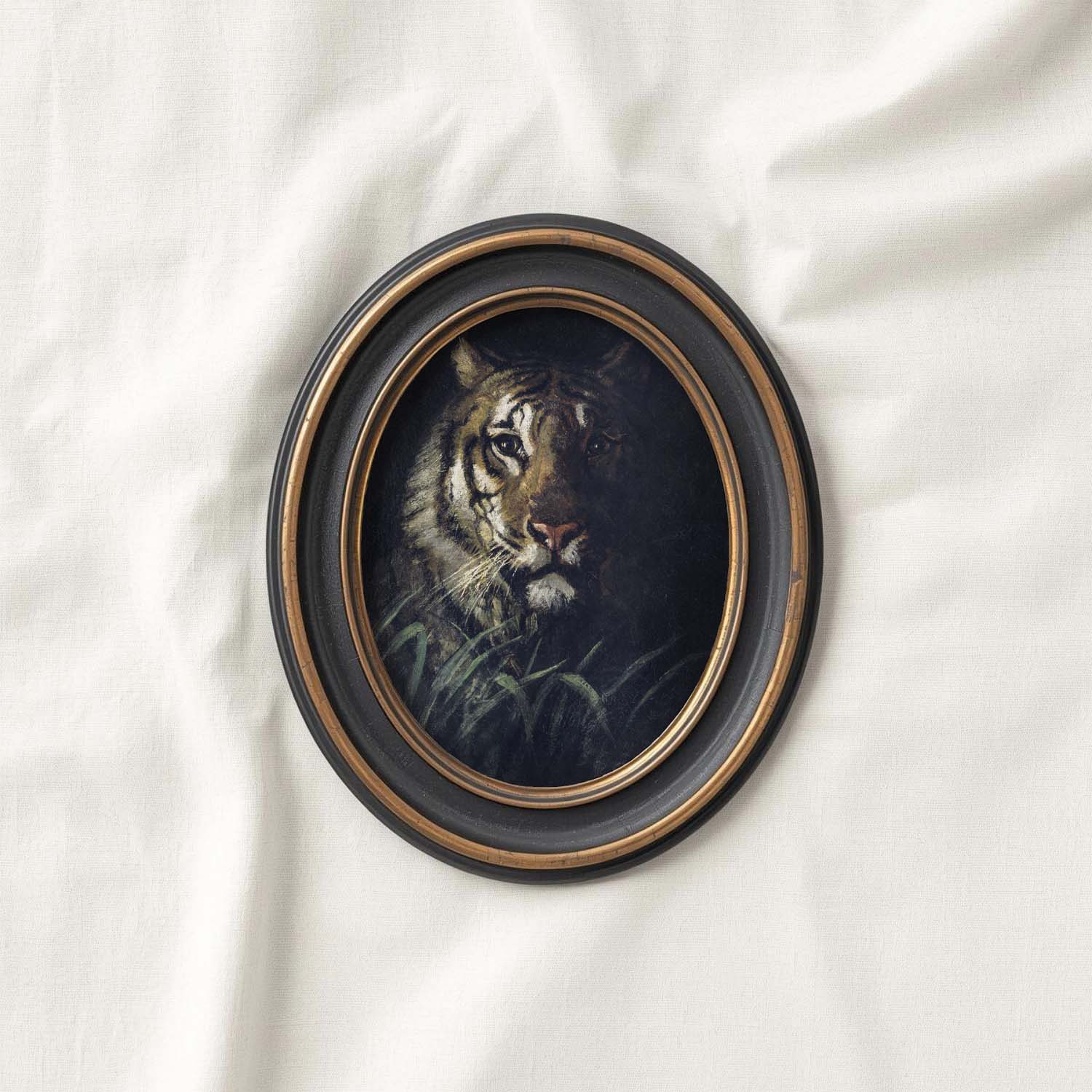 Heritage wildlife tiger jungle oil painting print with classic vintage rainforest scenery and fine art detail.