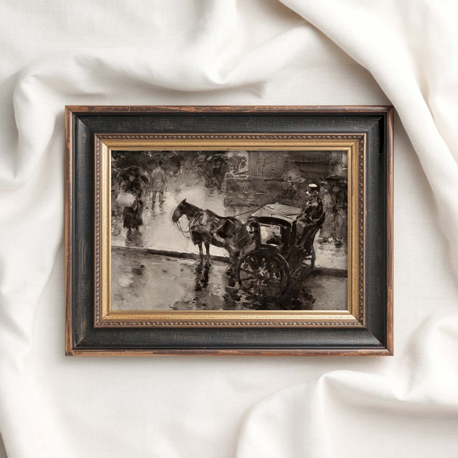 Moody Victorian London Horse and Carriage Wall Art Printable – Vintage Cityscape Print (Dark Academia)