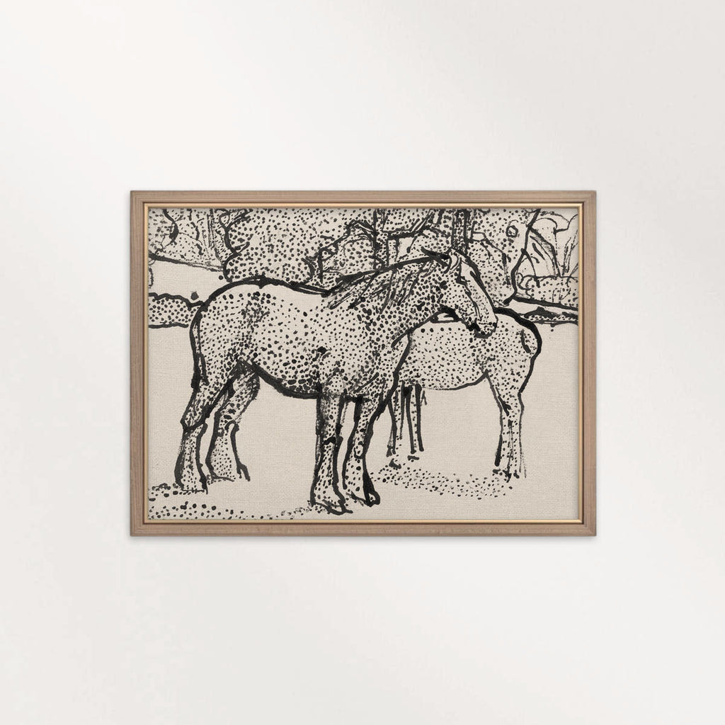 Horse ink drawing printable wall art featuring spotted horses standing in a field in a loose monochrome sketch style