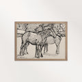 Horse ink drawing printable wall art featuring spotted horses standing in a field in a loose monochrome sketch style