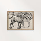 Horse ink drawing printable wall art featuring spotted horses standing in a field in a loose monochrome sketch style